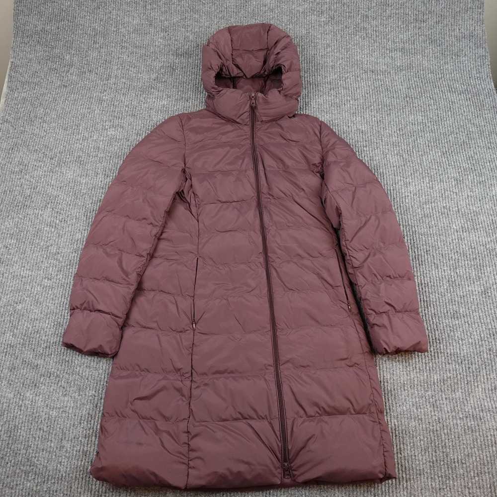 Uniqlo Down Coat Womens Small Purple Hooded Mid Length Quilted Puffer Warm